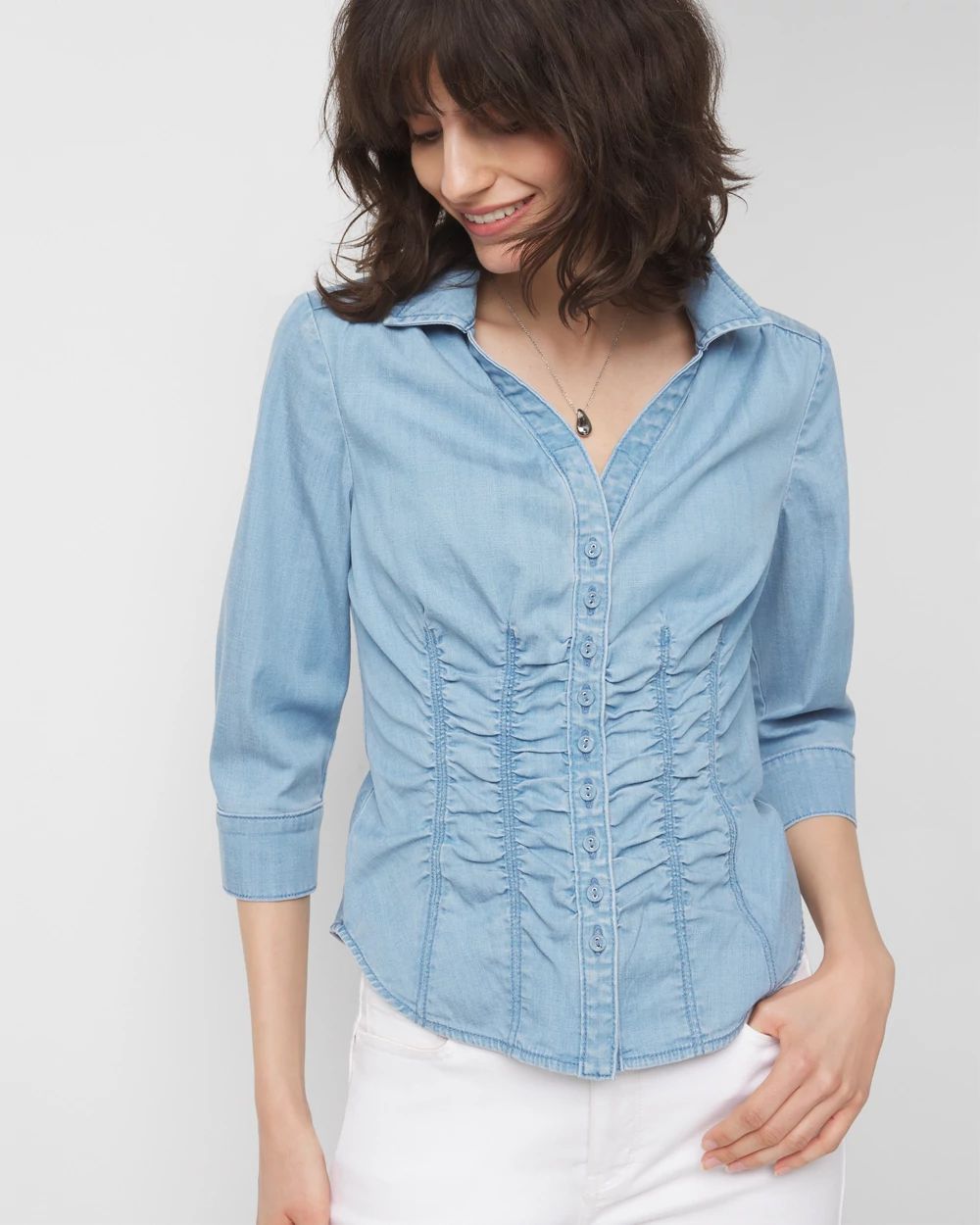 Women s Petite Elbow Sleeve Ruched Detail Shirt in Blue Size 00 White House Black Market Holiday Tops